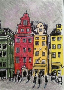 Colourful buildings by Cathedral in Stockholm