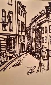 Sketch of street in the Gamla Stan medieval district of Stockholm