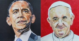 Portrait of Barack Obabma and Pope Francis by Caversham Commissioning Artist Sarah Seymour