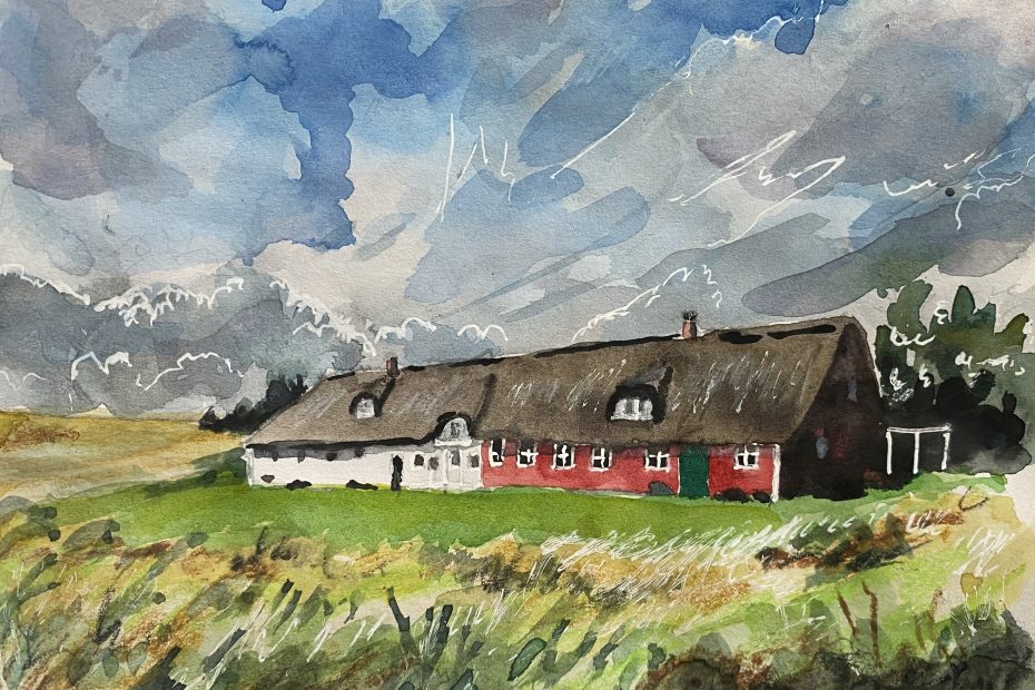 Awatercolour sketch of a traditional Fanø thatched cottage painted against a stormy sky